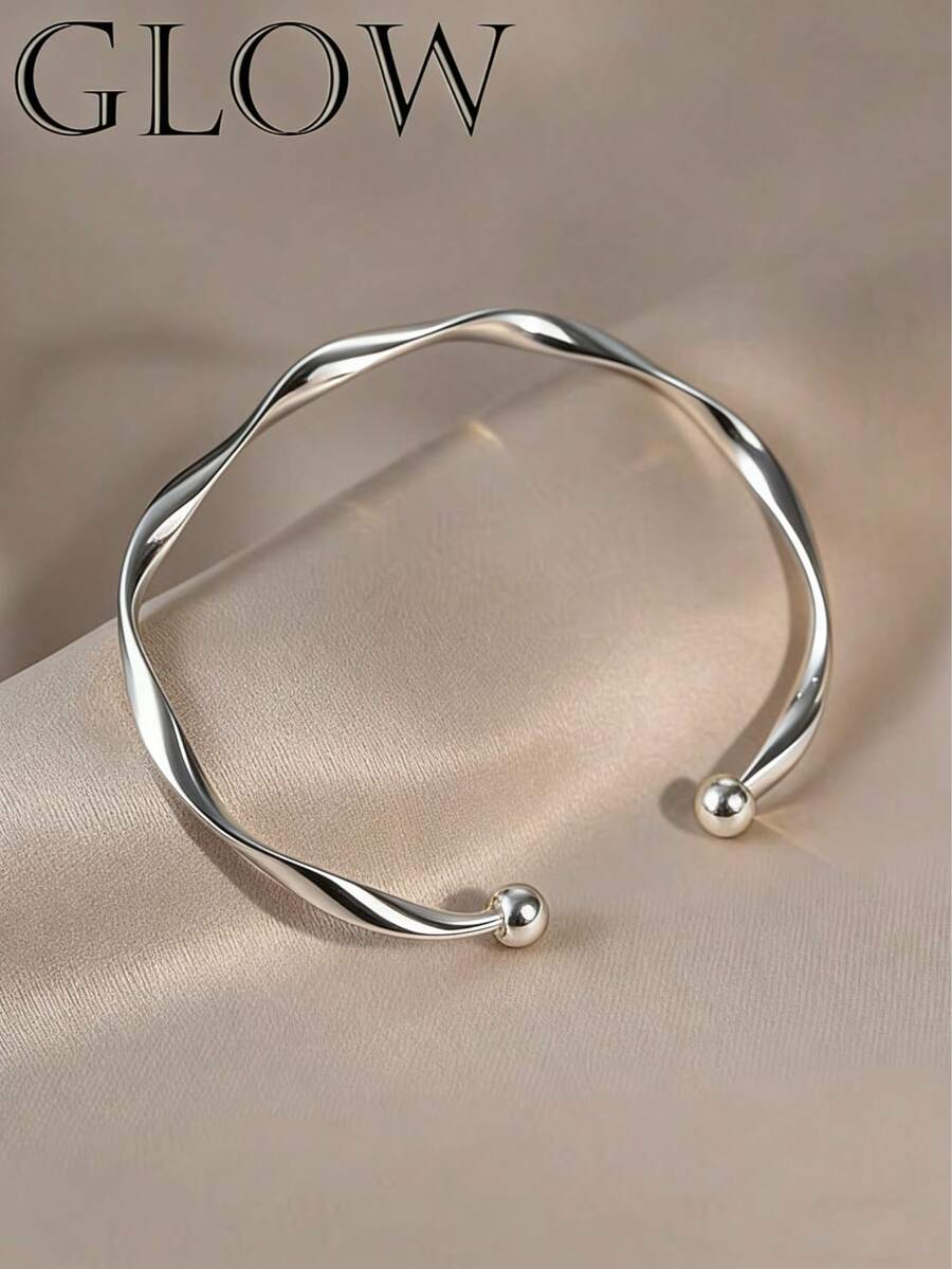 1pc Silver Minimalist Chic Geometric Wave Bangle Bracelet, Adjustable Fit For Young Girl Daily & Holiday Wear - Silver - View 1
