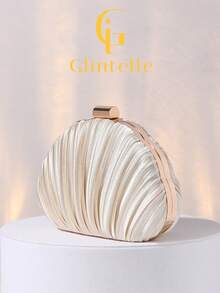 Glintelle 褶皱缎面盒形手拿包，正式晚宴包，配有金属链条肩带，适合派对、浪漫婚礼、盛大晚宴、夜总会、盛装打扮、女士礼物，可装手机、化妆品、口红、硬币等。 - 杏色 - 查看 2
