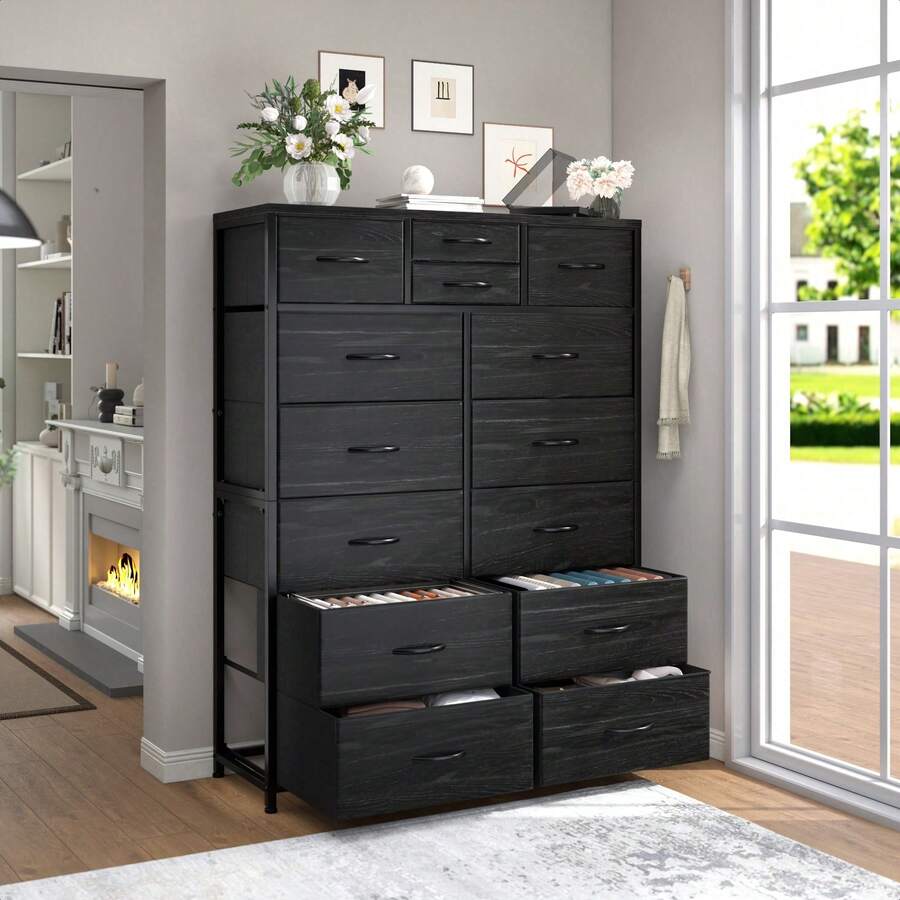 Tall Dresser, Dresser For Bedroom With 14 Drawers, Tall Bedroom Dresser For Bedroom, Large Fabric Dresser With Wood Top And Metal Frame, Mother's Day Decor, Room Decor, Home Decor, Festival Decor - 黑-1 - 查看 1