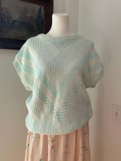 Plus Size Women's Patchwork Color Fresh Fashion Knitted Short Sleeve Top