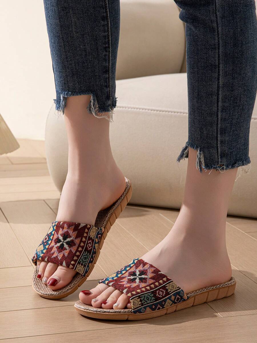 露趾拖鞋，平底，轻便，随机图案，波西米亚风格，男女通用，适合居家穿着 - 彩色 - 查看 1