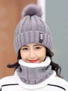 1-2pcs/Set Winter Scarf And Knit Hat Set, Thick Fleece Windproof Warm Casual Beanie And Scarf - Black - View 2