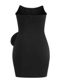 黑色无肩带抹胸上衣，饰有3D缎面玫瑰贴花，搭配双色迷你连衣裙 - 黑色 - 查看 11