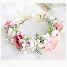 YAZILIND Handmade Flower Crown Headband – Artificial Peony & Rose Floral Wreath With Ribbon – Bridal, Festival, Or Boho Party Hair Accessory (Pink, White & Green),10-Colour - 10色 - 查看 3