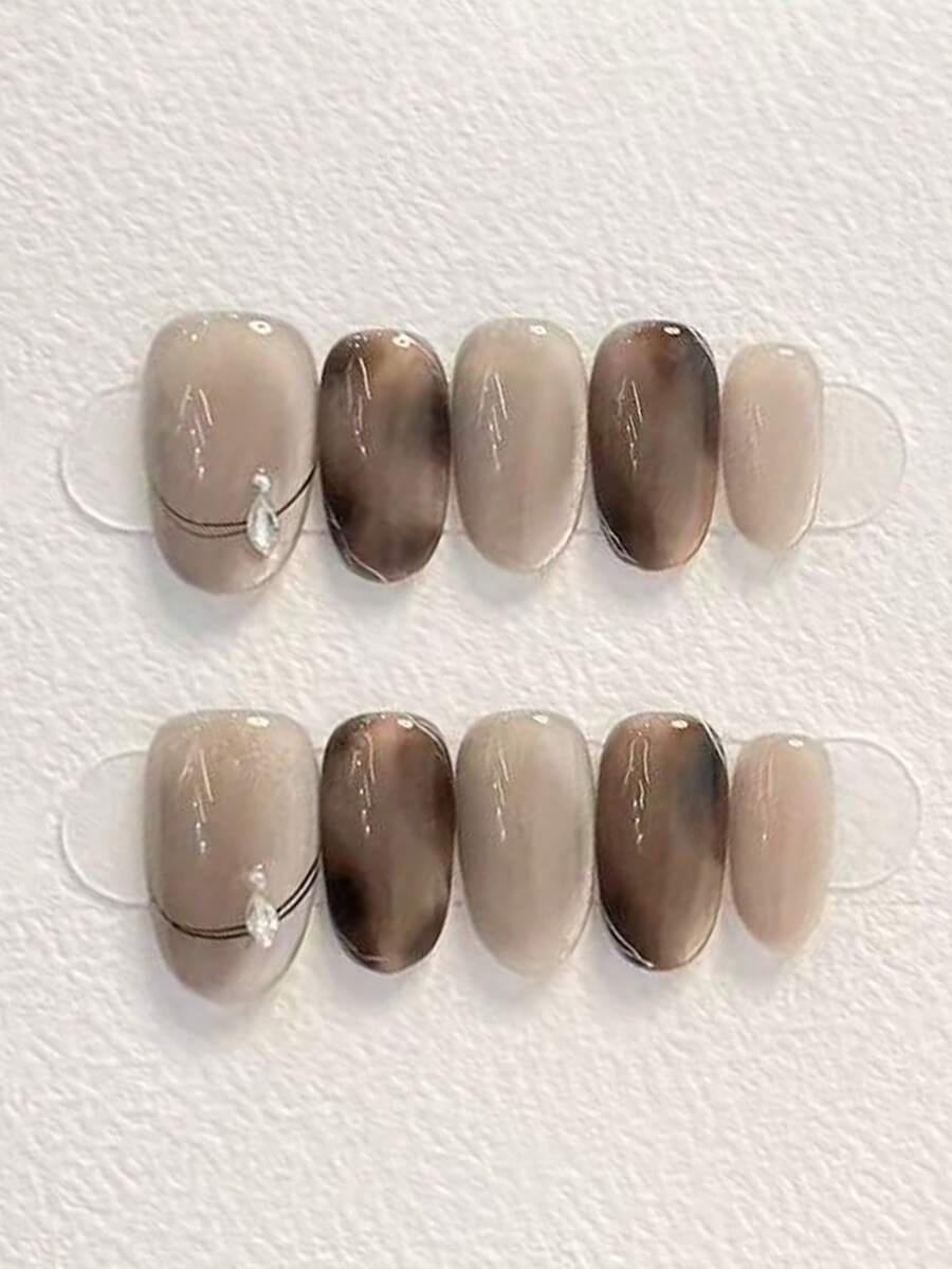 10片纯手工制作的中长椭圆形美甲贴片，棕色和米色猫眼美甲，晕染风格，可爱又时髦，Y2K风格，精致柔和，闪亮优雅，适合女性和女孩，春夏秋冬皆宜，节日和日常生活均可使用。 - 棕色 - 查看 1