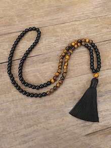 Mala 108 Beads Necklace 8mm Black Onyx Tiger Eye Protection Tassel Long Necklace Bohemian Style Meditation Prayer Rosary Jewelry For Women Men - Multicolor - View 4