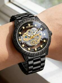 1pc Men's Single-Bridge Design Hollow Minimalist Korean Style Large Dial Luminous Gear Quartz Wrist Watch