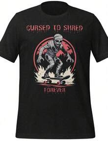 Mummy Skateboarding Shirt Cursed To Shred Forever Horror Skater Graphic Tee Undead Punk Street - Black - View 1