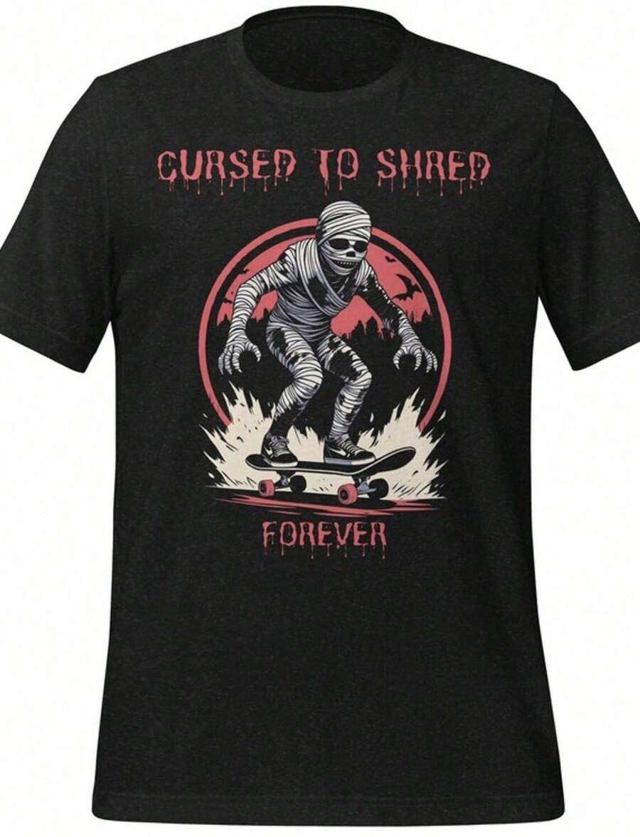 Mummy Skateboarding Shirt Cursed To Shred Forever Horror Skater Graphic Tee Undead Punk Street - Black - View 1
