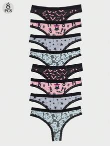 Dircho 8件套女士可爱深色三角裤套装，蝙蝠图案，星星设计，黑色蕾丝边，柔软面料，混色设计，日常舒适内衣，俏皮前卫风格 - 彩色 - 查看 1