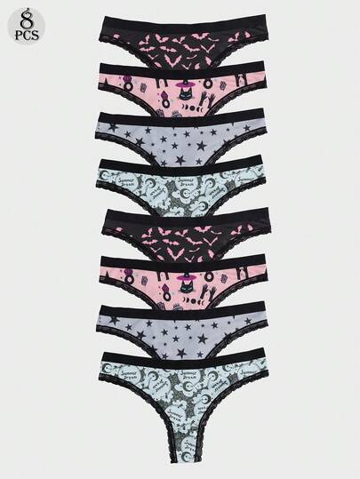 Dircho 8 delar söta mörka trosor för kvinnor med fladdermusmönster och stjärndesign. Svart spetskant och mjukt tyg och blandade färger. Dagliga komfortunderkläder och lekfull och edgy stil.