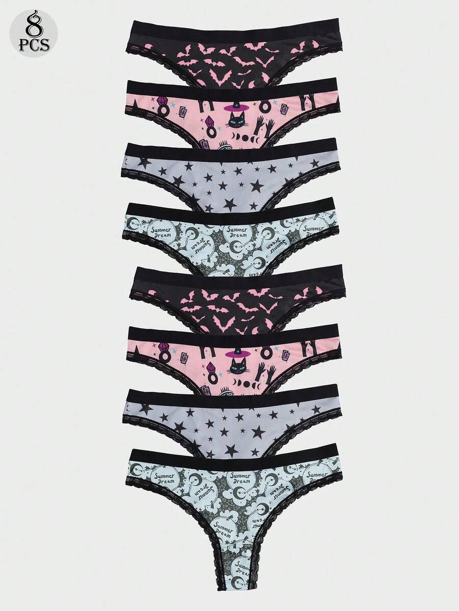 Dircho 8件套女士可爱深色三角裤套装，蝙蝠图案，星星设计，黑色蕾丝边，柔软面料，混色设计，日常舒适内衣，俏皮前卫风格 - 彩色 - 查看 1