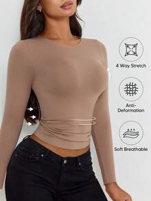 女士无缝运动文胸上衣，圆领长袖轻薄夏季打底衫