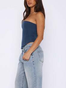 Womens Solid Tube Top, Slim Fit Tie Back Off Shoulder Sleeveless Crop Top For Summer Streetwear - 藍色 - 查看 5