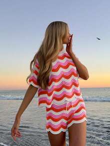 女士春季欧美时尚镂空钩针编织短袖上衣和休闲短裤两件套度假沙滩夏季套装 - 彩色 - 查看 4