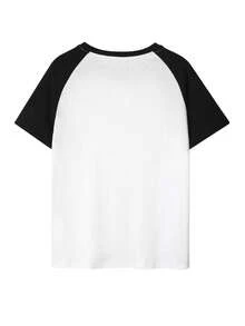 Y2K Letter & Star Pattern Raglan Sleeve Loose T-Shirt, Women's Retro Streetwear Contrast Color Oversized Casual Tee White Summer - White - View 5
