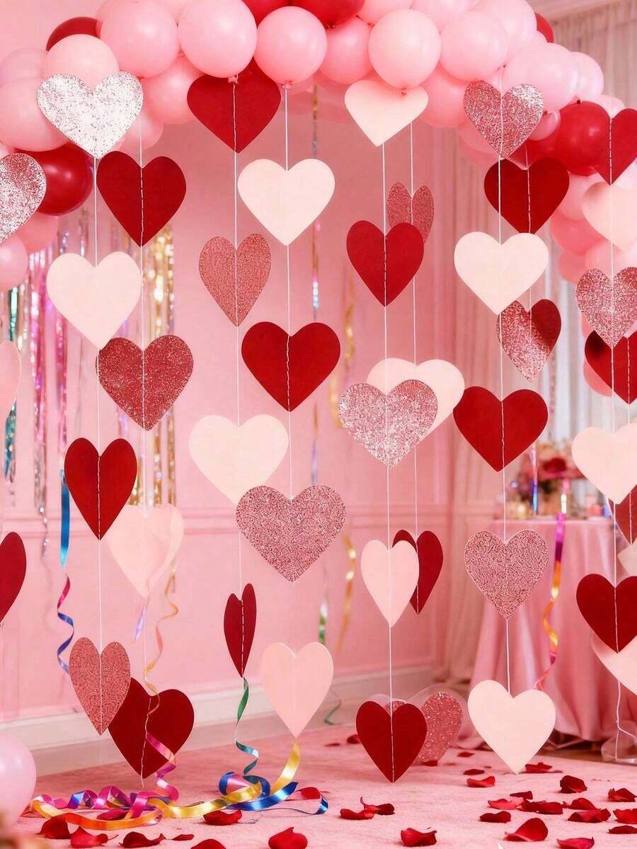 4pcs Rose Golden Pink Red Party Decoration Garland - 4m/13ft Heart Paper Streamer Banner, Valentine'S Day, Mother'S Day, Single Women, Bride Shower, Engagement, Wedding, Birthday Party Decoration - 彩色 - 查看 1
