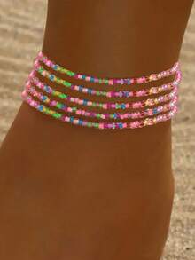 4pcs/Set Versatile Bohemian Style Beach Vacation Colorful Glass Beaded Elastic Anklet, Fashion Personalized Jewelry Gift Suitable For Daily Outfit, Perfect For Party And Holiday, Ideal Accessory For Women Casual And Vacation Wear, Mother's Day Gift - Multicolor - View 9