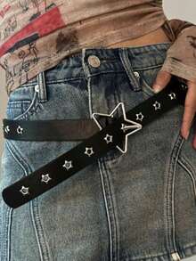 1pc 2026 Spring New Arrival, European & American Punk Style Perforated Star Decor Leather Belt, Rivet Accent, Versatile Buckle Closure - Multicolor - View 2