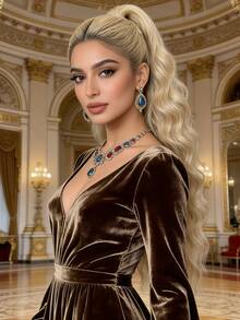 22-24 Inch Long Wavy Golden Synthetic Claw Ponytail Hair Extensions, Heat Resistant Fiber, Suitable For Girls And Women Daily Wear