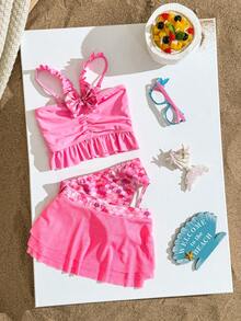 Young Girl New Pink Ruffle Trim Tankini Top + Fish Scale Print Triangle Bikini Bottom Set With Mini Skirt - Pink - View 1