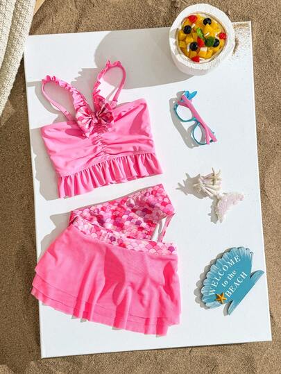 Young Girl New Pink Ruffle Trim Tankini Top + Fish Scale Print Triangle Bikini Bottom Set With Mini Skirt