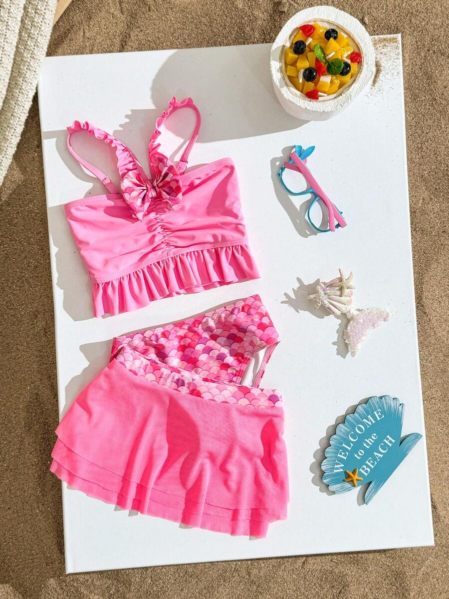 Young Girl New Pink Ruffle Trim Tankini Top + Fish Scale Print Triangle Bikini Bottom Set With Mini Skirt - Pink - View 1