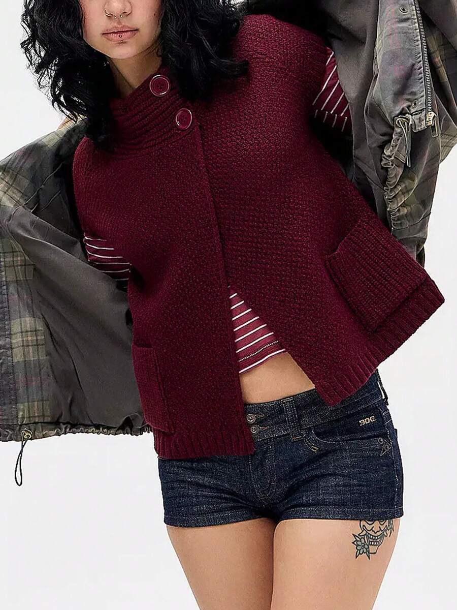 Womens Spring Summer Short Sleeve Cardigan Sweaters Crew Neck Button Down Ribbed Knit Outwear Y2k Clothes - Burdeos - Ver 1