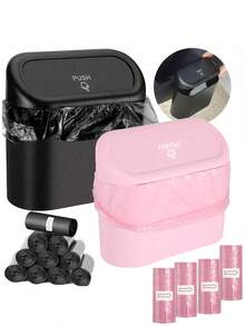 1pc Car Trash Can + 1 Roll (15pcs) Trash Bags, Mini Car Trash Can, Waterproof, Portable, Space-Saving, Car Storage Box, Car Sorting Box, Car Essential Accessory