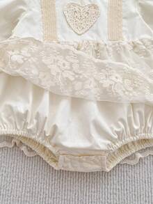 韩版女童春秋季刺绣网纱荷叶边连体连衣裙，公主爱心设计 - 杏色 - 查看 6