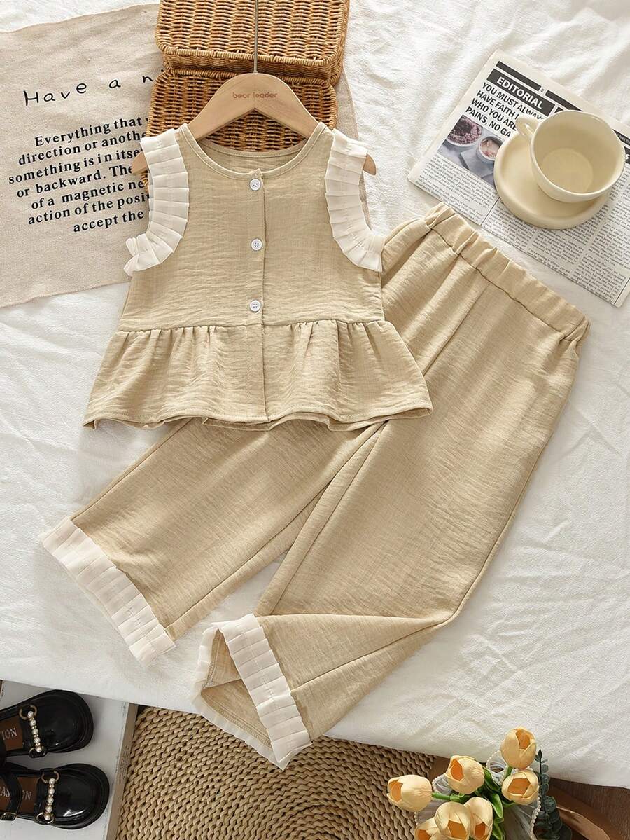 两件套女童时尚套装，牛仔效果短袖上衣搭配藏蓝色休闲裤 - 米色 - 查看 1