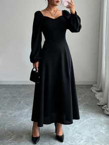 Long Sleeve Dress With Heart Collar Slit Detail - Black - View 1