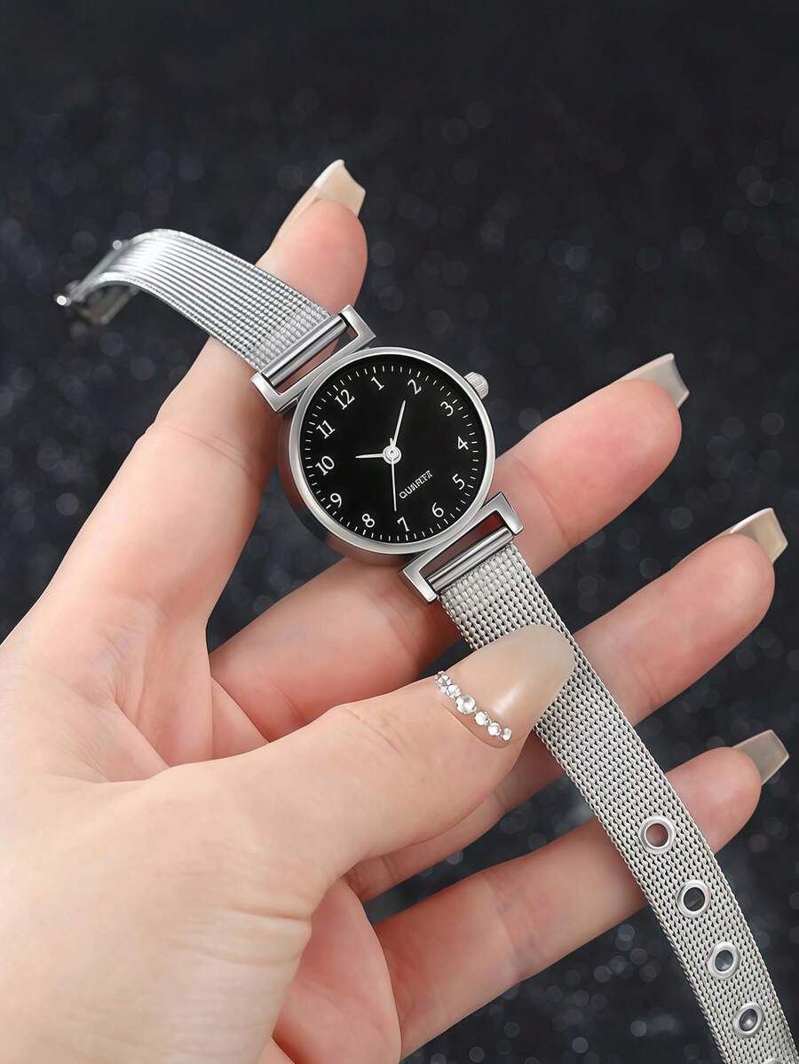 1PC 时尚休闲女士石英表，精致优雅的圆形指针，不锈钢表带，女士时钟。