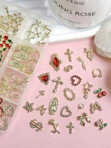 1Box Y2K Golden Nail Charms 3D Alloy Bow Rose Cross Butterfly Rhombus Heart Water Diamond Currency French Photo Frame Retro Flat-Bottomed Drill Versatile Nail Art Accessories DIY - Multicolor - View 5