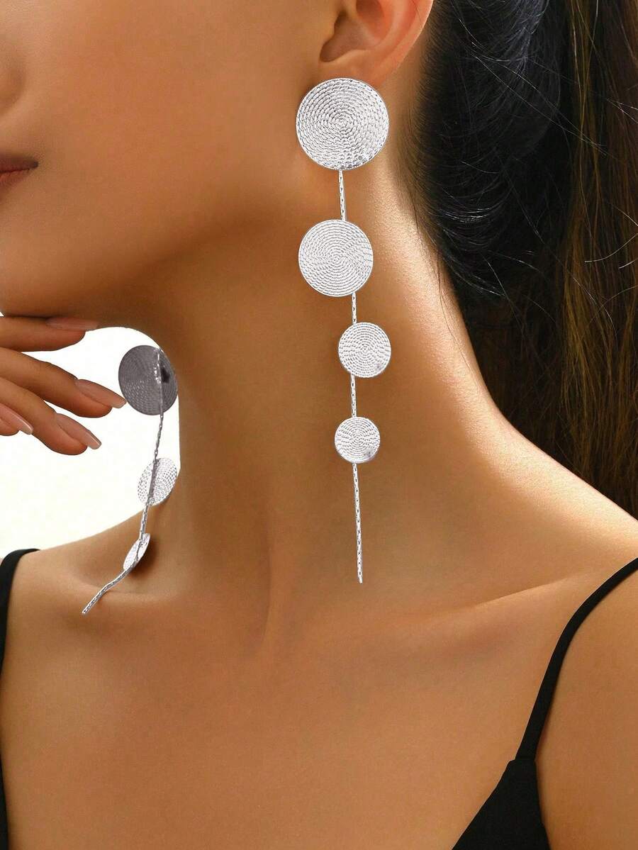 New European And American Style Pattern Tassel Round Dangle Earrings - Silver - View 1
