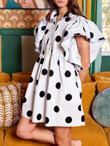 Boho Women's Polka Dot Flowy Short Dress For Spring And Summer, Button-Down Henley Collar Short Sleeve A-Line Midi Dress With Flutter Sleeves For Dates And Outings - White - View 4