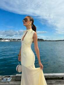 Damen elegantes, lässiges Urlaubskleid mit Mandarin-Kragen und schlanker Passform aus Chiffon - Gelb - Übersicht 6