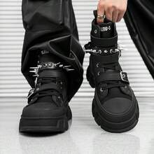 3pcs Men's Fashionable Thick Sole Elevated Motorcycle Boots, Solid Color Casual Punk Preppy Style Outdoor, Rivet Decor Removable & Versatile, Suitable For All Seasons