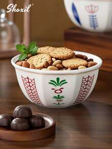 shoxil 1个沙特风格陶瓷甜点碗，饰有郁金香花图案，可用作零食碗、酸奶沙拉水果碗、坚果碗、托盘、甜点盘，适用于下午茶、家庭聚会、节日礼物、派对用品、斋月礼物分发等场合。 - 碗 - 查看 6