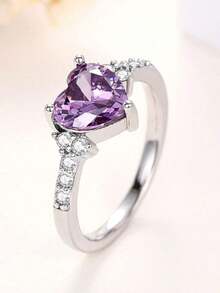 1pc Stainless Steel 18K Gold Plated Natural Amethyst Cubic Zirconia Ring, Fashion Wedding Heart Shaped Jewelry Women, Valentine's Day, Best Friends Valentines,Mom,Mother,Mother's Day, Best Valentine's Day - Màu tím - Xem 4