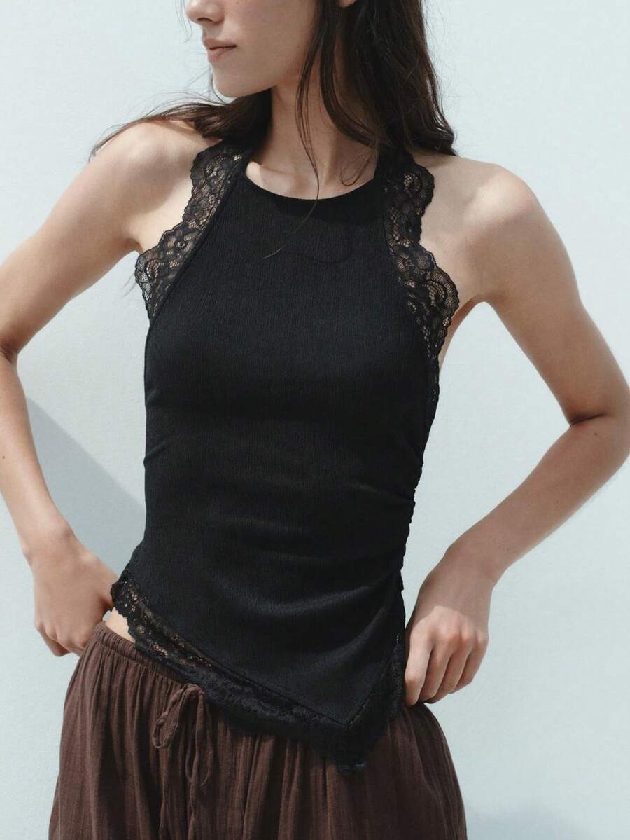 Women' S Lace Trim Halter Tops Solid Color Sleeveless Open Back Irregular Hem Tank Tops Summer  Casual Fitted Tops Teen Girls Going Out Streetwear Aesthetic Clothes - 黑色 - 查看 1