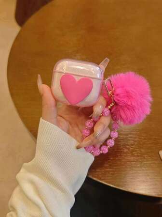 Custodia per auricolari a forma di cuore rosa lucido con ciondolo a pompon rosa scuro