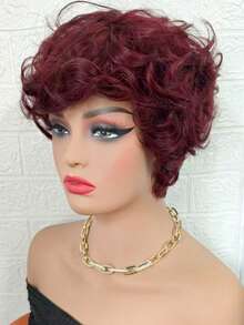 6 Inch Layered Curly Wave Pixie Cut Human Hair Wigs Burgundy No Lace No Glue Full Machine Made Natural Wave Human Hair Wigs With Bangs 180% Density 99J Big Curly Wigs For Women Daily Use ﻿ - S99J - 查看 4