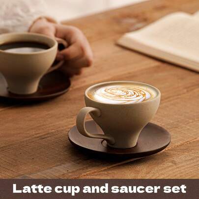 一套复古陶瓷咖啡杯套装，配胡桃木杯垫，优雅的拿铁杯套装，高品质美式拿铁杯，家用。