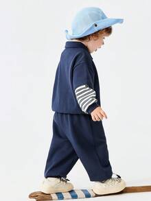 Bộ đồ trẻ em 2 món, áo nỉ giả nhiều lớp, chống xù lông, áo hoodie chui đầu và quần nỉ, bộ sưu tập Xuân 2026 - xanh đậm - Xem 5