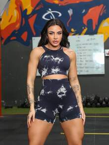 Sports Set, Gym, Yoga, , Tie-Dye, All-Over Print, Butt-Lifting, Seamless, High Waist - 黑色 - 查看 1