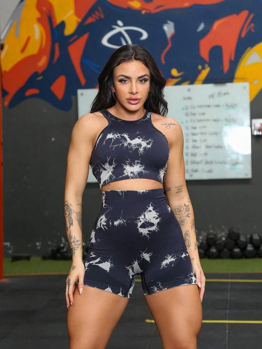 Sports Set, Gym, Yoga, , Tie-Dye, All-Over Print, Butt-Lifting, Seamless, High Waist - 黑色 - 查看 1