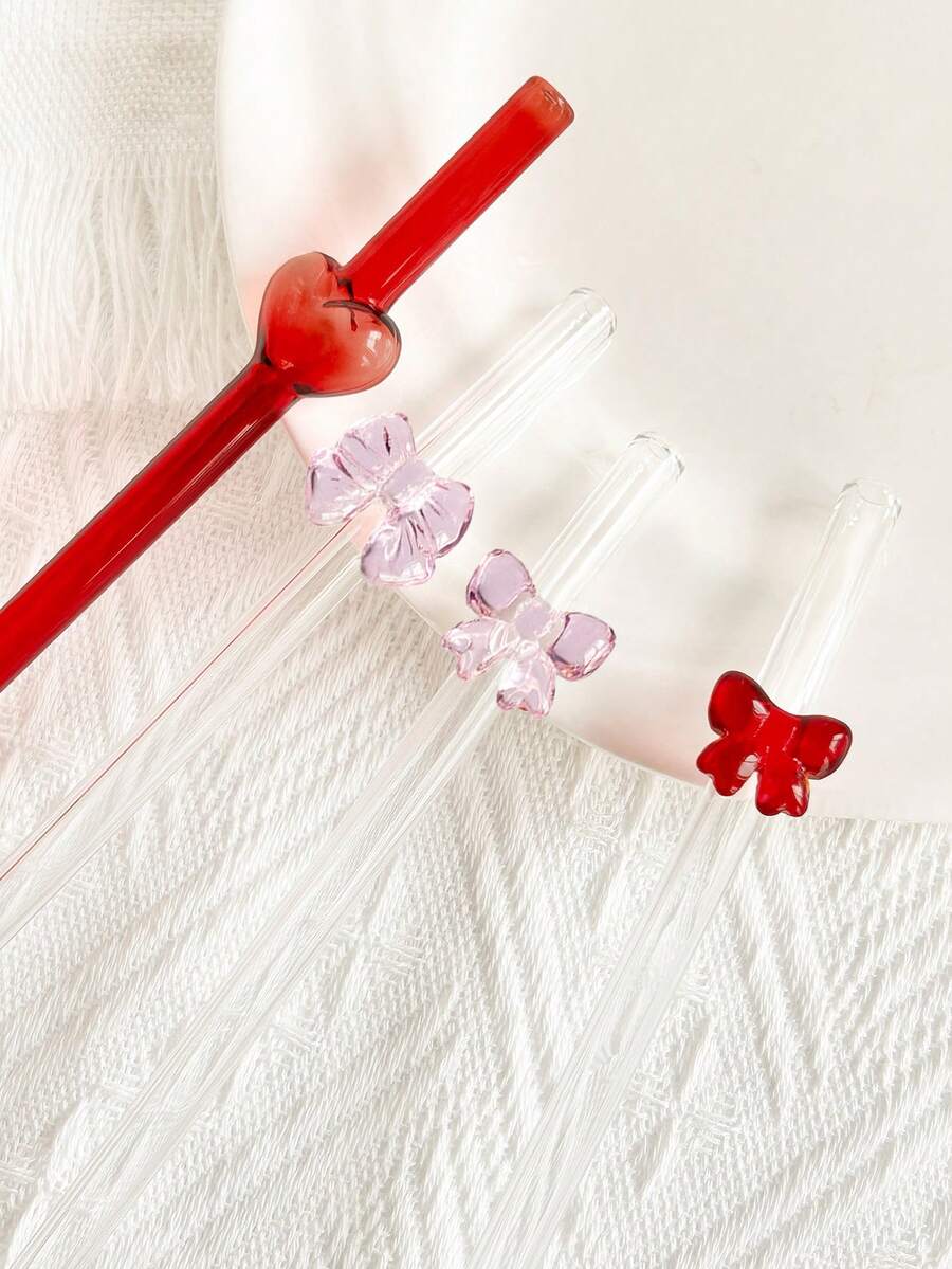 1件/1套可爱卡通粉色/红色玻璃吸管，带蝴蝶结/爱心装饰，适用于水杯，可重复使用的弯曲透明吸管餐具套装，带清洁刷，适用于厨房配件、冷饮、奶茶、咖啡、果汁、冰沙，家庭、餐厅、鸡尾酒会、返校季、送给女朋友/男朋友、父母、朋友的趣味礼物、节日用品、情人节。