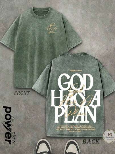 Jesus Tee God Has A Plan Graphic Tee Double-Sided Print Washed T-Shirt Holiday Gifts Y2K Men's Graphic Tees, Street - Style Vintage Washed T - Shirts, 230G Cotton T - Shirts, 100% Pure Cotton, Unisex Graphic Tees Halloween Back To School ShirtsNew Casual T-Shirts For Men And Women