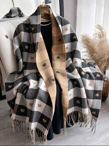 1pc Autumn/Winter New Plaid Heart Pattern Faux Cashmere Scarf, Versatile Warm Tassel Shawl For Women - Multicolor - View 5
